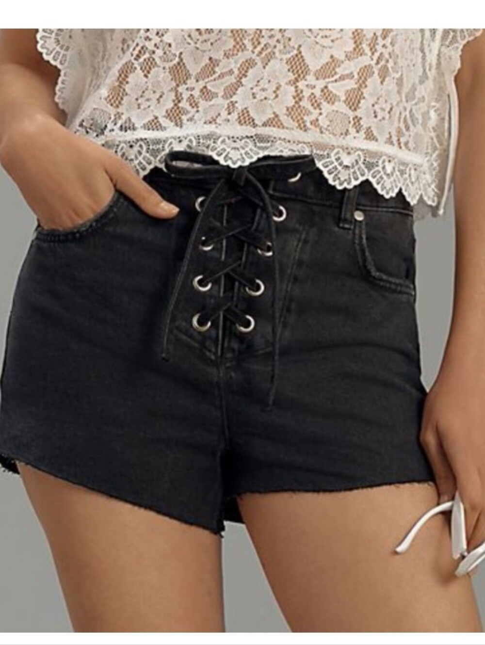 Pilcro by Anthropologie Black Lace-Up Front Denim Shorts NWT Size 26